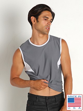 Model in charcoal LASC Performance Mesh Muscle Shirt