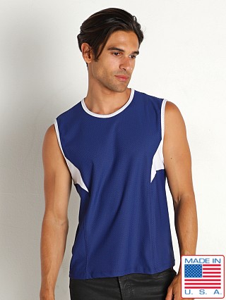 Model in navy LASC Performance Mesh Muscle Shirt