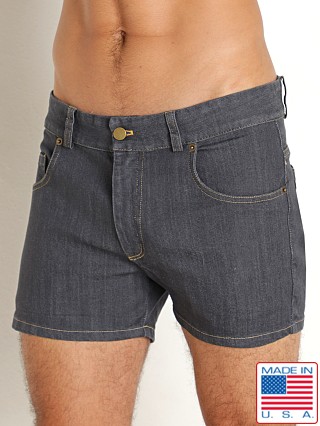 Model in charcoal LASC 5-Pocket 3" Stretch Denim Shorts