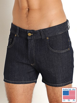 Model in indigo LASC 5-Pocket 3" Stretch Denim Shorts