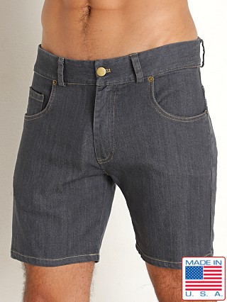 Model in charcoal LASC 5-Pocket 6" Stretch Denim Shorts