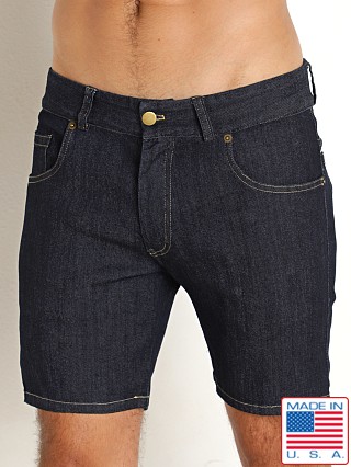 Model in indigo LASC 5-Pocket 6" Stretch Denim Shorts