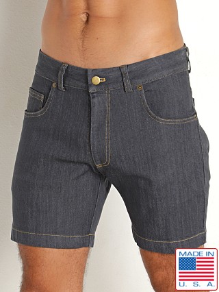 Model in charcoal Rick Majors Zippered Back Denim Shorts