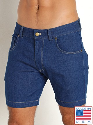 Model in blue Rick Majors Zippered Back Denim Shorts