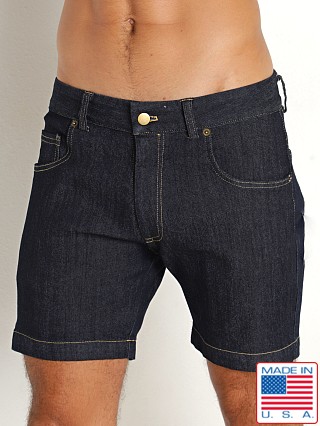 Model in indigo Rick Majors Zippered Back Denim Shorts