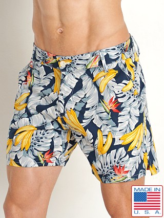 Model in navy bananas LASC Cotton 6" Shorts