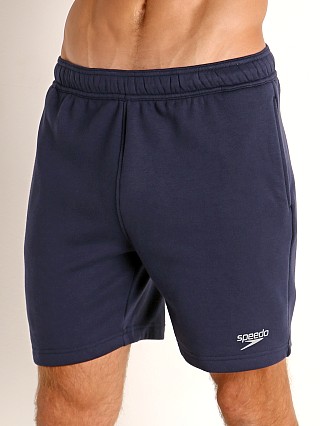 Model in navy Speedo Fleece Workout Shorts