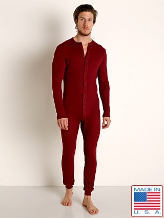 Model in burgundy Rick Majors American Classic Back Flap Union Suit