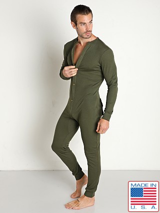 Model in army Rick Majors American Classic Back Flap Union Suit