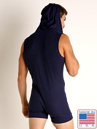 Model in navy Rick Majors Hoodie Bodysuit