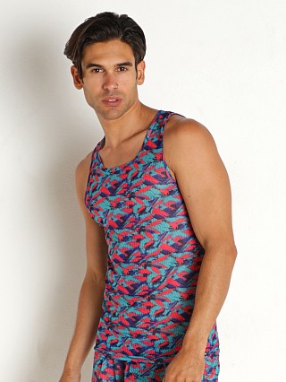 Model in hippie pink print Manstore Mesh Showstopper Tank Top