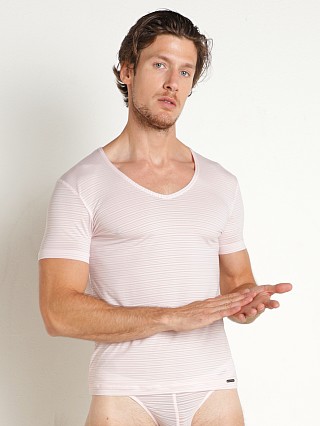 Model in champagne Olaf Benz Red 2172 Mesh Stripes V-Neck Shirt