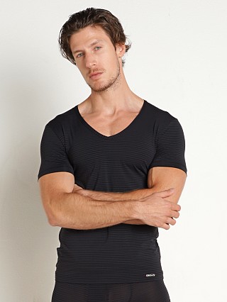 Model in black Olaf Benz Red 2172 Mesh Stripes V-Neck Shirt