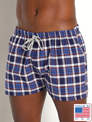 Model in royal LASC Flannel Plaid Lounge Shorts