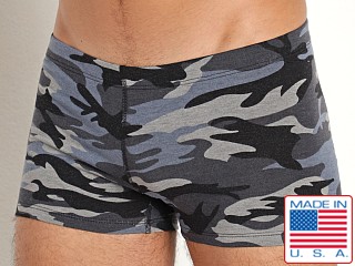 Model in camo blue LASC French Terry Micro Shorts