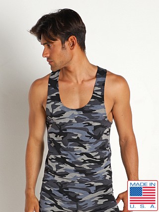 Model in camo blue LASC French Terry Tank Top