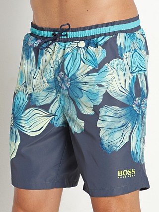 Model in teal Hugo Boss Shakafish Swim Shorts