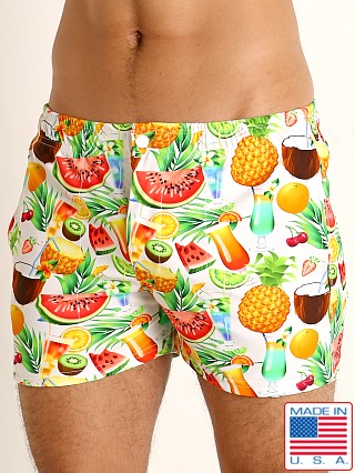 Model in tropical picnic LASC Malibu Swim Shorts