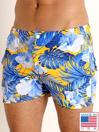 Model in blue hibiscus LASC Malibu Swim Shorts