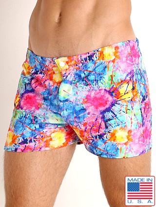 Model in neon splatter LASC Malibu Swim Shorts