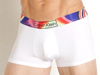 Model in classic white Calvin Klein Reimagined Heritage Pride Micro Low Rise Trunk Clas