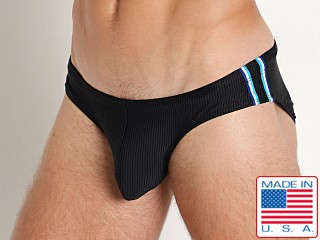 Model in black Rick Majors Waverunner Nylon Rib Low Rise Swim Brief