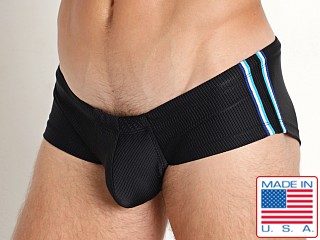 Model in black Rick Majors Waverunner Nylon Rib Swim Trunk