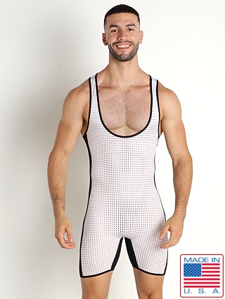 Model in white Go Softwear Hard Core Peep Mesh Wrestling Singlet