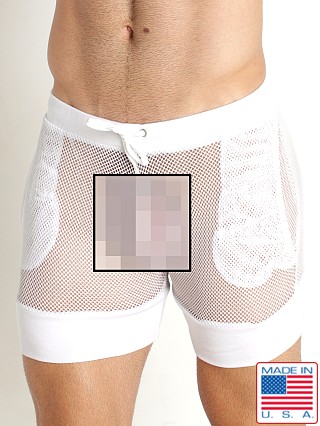 Model in white Go Softwear Hard Core Peep Mesh Master Short