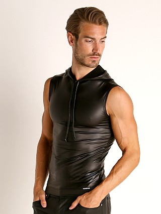 Model in black Manstore Matte Latex-Look Hoody Tank Top