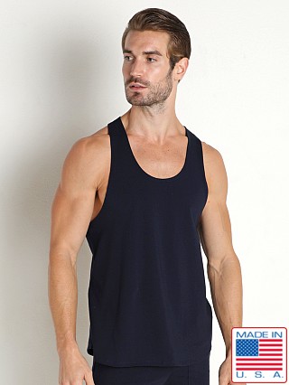 Model in navy LASC Gym Tank Top