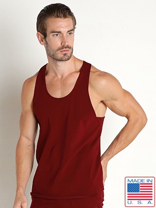 Model in maroon LASC Gym Tank Top