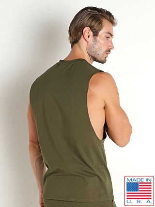 Model in army LASC Deep Cut Out Muscle Shirt