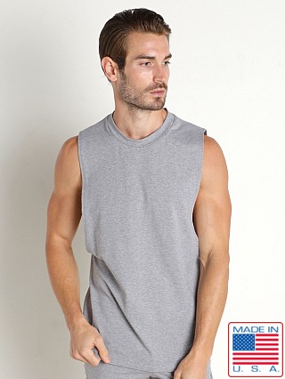 Model in heather grey LASC Deep Cut Out Muscle Shirt