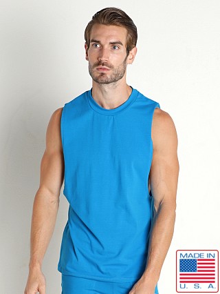 Model in turquoise LASC Deep Cut Out Muscle Shirt