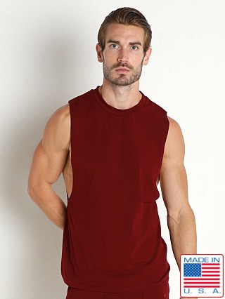 Model in maroon LASC Deep Cut Out Muscle Shirt