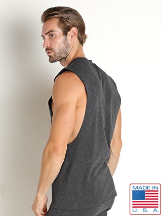 Model in charcoal heather LASC Deep Cut Out Muscle Shirt