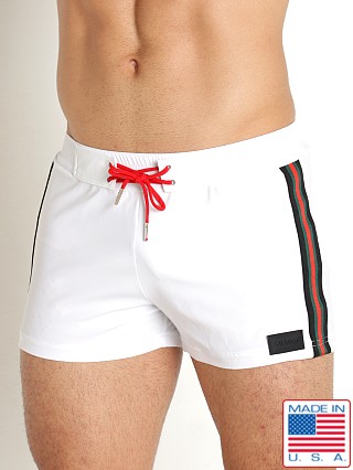 Model in white Sauvage Malibu Retro Lycra Swim Short