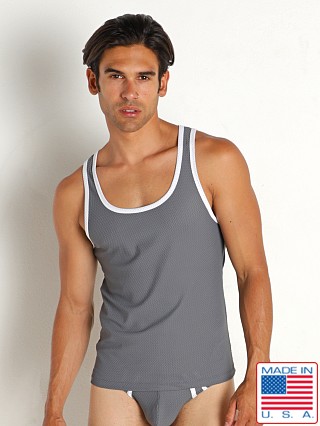 Model in charcoal Rick Majors Power Mesh Tank Top