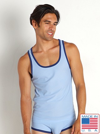 Model in sky blue Rick Majors Power Mesh Tank Top