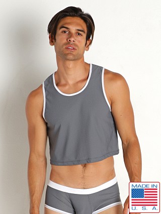 Model in charcoal Rick Majors Power Mesh Cropped Tank