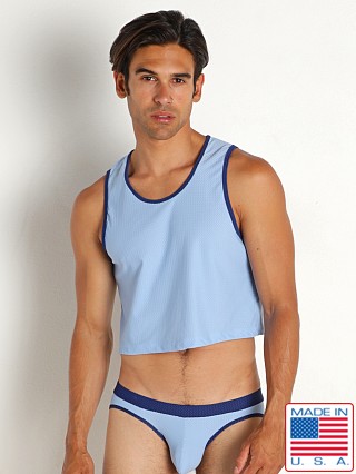 Model in sky blue Rick Majors Power Mesh Cropped Tank