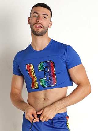 Model in blue Cell Block 13 Pride '22 Crop Top