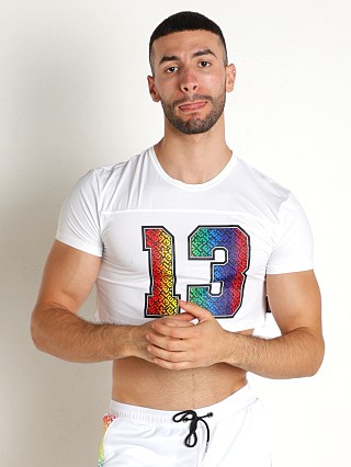 Model in white Cell Block 13 Pride '22 Crop Top