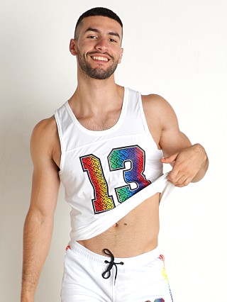 Model in white Cell Block 13 Pride '22 Tank Top