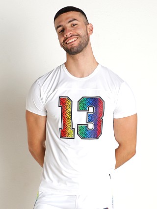 Model in white Cell Block 13 Pride '22 Tee Shirt