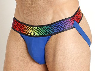 Model in blue Cell Block 13 Pride '22 Jockstrap