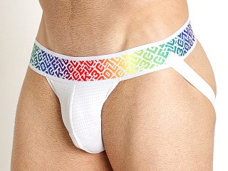 Model in white Cell Block 13 Pride '22 Jockstrap