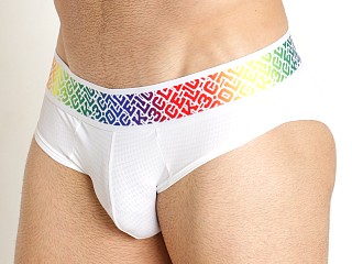 Model in white Cell Block 13 Pride '22 Brief