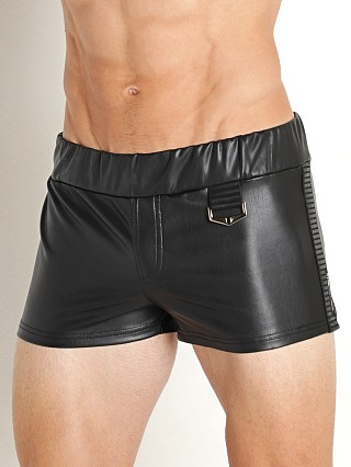 Model in black STUD Fortitude Rubber-Look Zipper Back Short